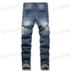 Jeans pour hommes Patch perforé bleu Jean Badge Badge Small Foot Elastic Mid Rise Denim Pantalon mâle T240411