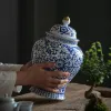 Chinese Style Ceramic Ginger Jar Beautiful Dried Flower Vase Glazed Asian Decor Chinese Blue White Vase Centerpiece Temple Jar