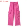 2023 Summer Retro Sweet Cargo Pants High midja Elastisk midja dragskon rak bred benbyxor kvinnor streetwear rosa outfit