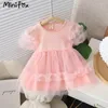 Prowow Babyjurken Roze Puffy Sleeve Lace Princess Jurk voor meisjes Verjaardagsfeestje Zuigelingen Kinderkleding Zomer 240329