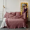 3st 100% Pure Linen Ruffle Däcke Cover Set Pudowcase and Depet Cover Double Queen King Size Sime Bed Set Lin Bedding Kit