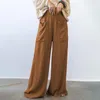 Pantaloni da donna pantaloni a gamba a gamba signore elastica in vita elastico tasca anteriore lunghe quotidianamente pieghe rette solide leggero per donna mujer