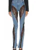 الجينز للسيدات الدانتيل المثير لرقعة الرؤية من خلال Skinny for Women High Weist Hem Splity Runday Runway Pency Pants Pants Zn282