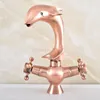 Badrumsvaskar kranar antik röd koppar svivel pip Dual Cross Handtag Dolphin Style Kitchen Faucet Mixer Tap TSF851