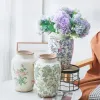 レトロブルーとホワイトの緑の植物氷亀裂燃焼花鍋花瓶/花の花輪挿入セラミックグレーズチャイニーズクラシックソフトD