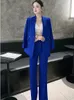 Pantalon de deux pièces pour femmes Zjyt Office Lady Blazer Clets For Woman Double Breasted Jacket Pant sets 2 pantalons assortis Set Blue Tenfit Elegant