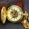Pocket horloges gouden vintage gesneden en uitgeholde Romeinse mechanische pocket es met kettingketen es cadeau voor verjaardag y240410