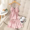 Nouveau pyjamas féminin d'été Sleep Sexy Lace Trim Strap Topshorts Thin Silk Satin Nightwear Loose Lounge Wear Pijamas Suit