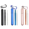 Drinking Straws Reusable Stainless Steel With Aluminum Keychain Case Cleaning Brush Collapsible Portable