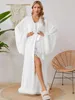 Elegant Female Silk Like Bathrobe Pure Color V Neck Nightgown Feather Wraps Lounge Wear Home Clothes Plus Size