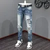 Mäns jeans high street mode män retro blå stretch mager fit rippad läder lapped designer hip hop varumärke byxor hombre