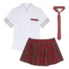 3Pcs Womens Schoolgirl Cosplay Costume Halloween Party Outfit School Uniform Short Sleeve Shirt with Plaid Skirt And Tie Set