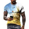 Sommar ny trend skörd vete fält män t-shirts casual 3d tryck hip hopp tees personlighet rund hals lösa korta ärm toppar