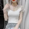 Femmes Translucide Flower Lace Pannel Shirt Short à manches Blouse Femme Femme Blouses S-3xl Tops moins cher Kawaii T-shirt Girl