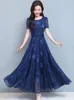 Robes de fête Vintage Blue Vêtements pour femmes 2024 Robe maxi mousseline florale élégante boho été coréen fashion longue