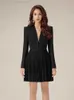 Urban Sexy Dresses Womens dark V-neck high waisted knitted womens long sleeved wide shoulder womens dress 2024 Spring New 13DB1721 C240411