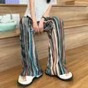 Pregnant Woman Striped Pants Block Color High Waist Maternity Straight Trousers High Waist Pregnancy Pleated Ice Silk Trousers