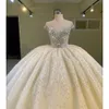 Stevditg Wedding Exquisite Cap Straps V-Neck Crystal Sequined Sweep Train Ball Gown Elegant Custom Bride Dress