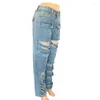 Damesjeans mode gescheurd Hollow Out Women High Taille Washed Blue Wide Leg denim broek Casual streetwear cowboys broek zomer