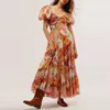 Casual Dresses Vintage Women 2024 Bohemian Floral Dress Square Neck Ruffle Swing a Line Maxi Long Sleeve Beach