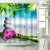 シャワーカーテンゼンバスルームカーテン瞑想ロータスランドスケープグリーン竹の花の石の寸法の花キャンドルパーティションの装飾