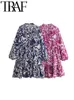 Traf Gal Summer Beach Ruffles Women Vintage Printed Shirt Robe Dress Wrist Sleeve V Neck Loose Short Female Mini Y2K 240411