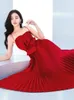 Deat-Vestido Plisado Rojo Para Mujer, Traje elegante de Lujo Sin Mangas, Cintura Alta, Primavera y Verano, 15G6683, 2024