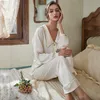 Kobiety piżamy z guzikami seksowne satyny 2pcs Zestaw snu Summer Lapel Cirtpants Suit Długie rękaw do snu elastyczna bielizna talia