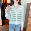 Malhas femininas outono 2024 Sweet Stripe malha do cardigan chiffon splice manga longa moda as mulheres