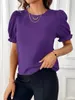 Blusas femininas elegantes placas pluffle ship shirt women camadas em cena ombro de cor sólida tops femininos de verão o pescoço de pescoço casual