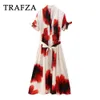 Trafza Spring Summer Casual Print 드레스 패션 스트리트웨어 느슨한 V 목 새시 싱글 가슴 우아한 세련된 긴 240411