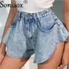 Zomer Women Casual gescheurde denim shorts sexy hoge taille ruche zoom losse ruched Jean Short Female Fashion Street Clothing 240411
