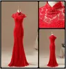 2020 Retro Spitze rot chinesische Cheongsam Chinesische Kleider Meerjungfrau Court Train Long Bridal Party Kleid Real Pos Vestidos de Novia7329525