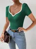 Kvinnors T-skjortor Summer Slim Fit Round Neck Topp kortärmad kontrasterande söt Ribbed Daily Casual T-shirt