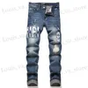 Jeans pour hommes Patch perforé bleu Jean Badge Badge Small Foot Elastic Mid Rise Denim Pantalon mâle T240411