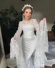 Vintage Spitzenhülse Meerjungfrau Brautkleider Perlen Satin mit abnehmbarem Zug Brautkleid Ruch 3d Flroal Applices Mariage für Braut