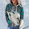 Women Vintage Indian Feather Patchwork Hooded Sweatshirt Autumn Warm Long Sleeve Boho Ethnic Hoodies Female Pullovers Blouse Top