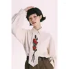 Bluzki damskie Koreańska wersja róża kwiatowa koszula haftowa design y2k harajuku retro lapel długie rękawa luźna elegancka bluzka
