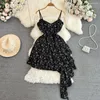Robes décontractées d'été femmes noir floral spaghetti robe robe chic sans manches skinny skinny A-line irrégulière mini imprimé slip sexy club wear