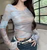 Camiseta de blusa de primavera y verano Camiseta femenina Americana Retro Retro sexy Hot Girl Hot Tell Autumn Mesh Hilo Slim Sunspreen hermosa camisa pequeña