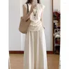 Work Dresses Women White Sleeveless Top Skirt Suit Summer Temperament Solid Luxury Slim Pure Long Pleated Skirts Female Two Piece Set 2024