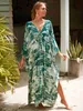 Grundläggande avslappnade klänningar 2024 Summer Autumn Plant Print Sexig V Neck Site Split Dress for Women Lose Casual Beach Wear Maxi Dresses Q1297 L49