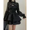 Svart sexig lolita dres gotisk vintage harajuku halloween cosplay kostymer långärmad sagan två bit set 240402