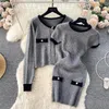 Work Dresses Women's Retro Patchwork Sweater Set Autumn Winter Cardigan Knitted Tops And Short Sleeved Hip Wrap Mini Dress Two-piece Suit