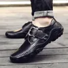 Casual Shoes Fashion Metal Buckle Genuine Leather Loafers Men Brown Moccasin Mens Flat Non-Slip Driving Slip-On Shoe