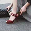 Klänningskor Orcha Lisa 2024 Elegant Peep Toe Women High Heel Sandals Strap Buckles 10.5cm stilett Big size 40 41 42 43 Purple Red