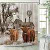 Highland Cattle Shower Curtains Wooden Fence Rustic Farm Brown Cow Bath Curtain Set Polyester Fabric Bathroom Decor with Hooks