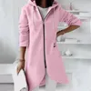 Fleece Hoodies Außenbekleidung Herbst mit Kapuze Long Coat Women Reißverschluss Hoodies Langarmjacken Feste Farbe Langes Sweatshirt