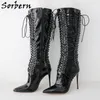 Sorbern Bottes noires brillantes personnalisées Femmes Femme High Multi Lace Up Boches Bottes High Talon Stilettos Point Toe Shoes