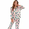 Accueil Vêtements Imprimé à manches longues Pijamas Suit salon Wear Spring Summer Femelle 2PCS PAJAMAS SELL VISSONS LOBE SATIN LORDS VOITURES DE NIGHTES